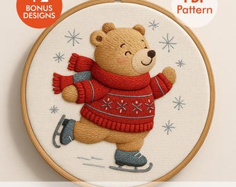 Ice Skating Bear Embroidery Pattern – Winter Bear PDF
