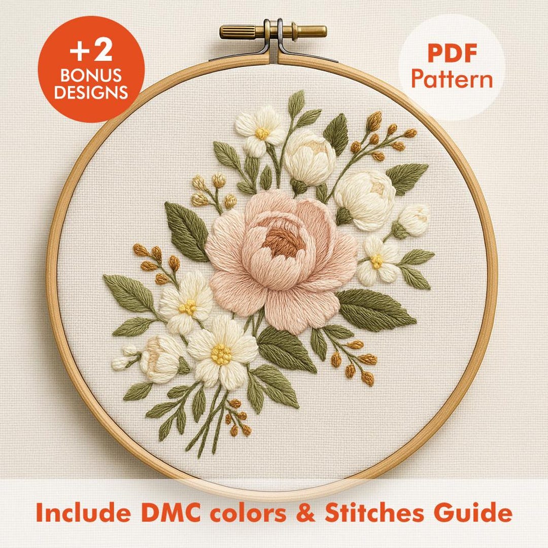 Peony Floral Bouquet Embroidery Pattern – Elegant Flower Hoop Art PDF ...