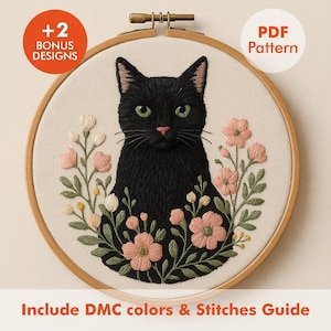 Black Cat Floral Embroidery Pattern PDF with DMC Guide, Elegant Botanical Kitty Hoop Art,