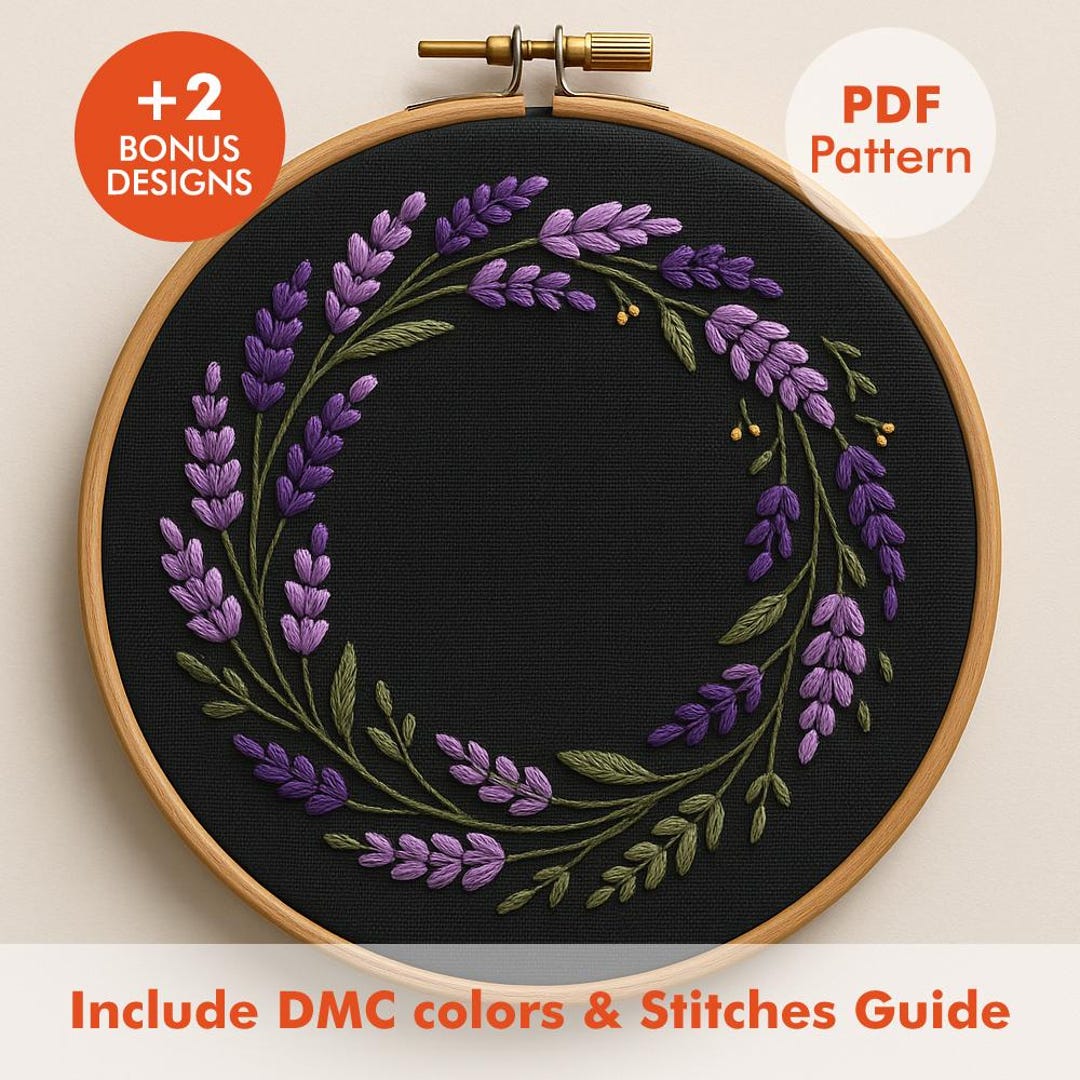Lavender Wreath Embroidery Pattern PDF – Purple Floral Ring on Black ...
