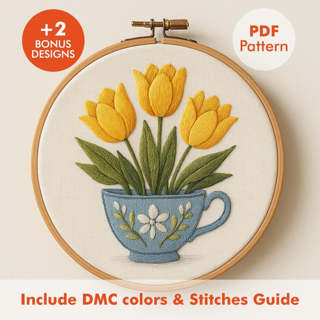 Yellow Tulip Embroidery Pattern PDF – Floral Bouquet in Blue Teacup - Etsy