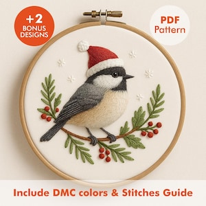 May include: Embroidered bird wearing a Santa hat, perched on a branch with green leaves and red berries, inside a wooden embroidery hoop. The text "+2 BONUS DESIGNS" and "PDF Pattern" are visible. The text "Include DMC colors & Stitches Guide" is also visible.