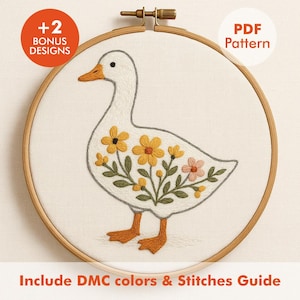Stickdatei Ente Blumenmuster PDF, Entenstickerei im Stickrahmen mit DMC Color Guide