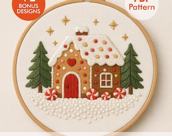 Gingerbread House Embroidery Pattern – Christmas Cottage with Trees & Candy, PDF