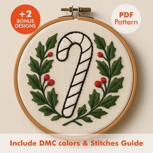 May include: Embroidered Christmas hoop art featuring a candy cane design surrounded by green leaves and red berries. The text "+2 BONUS DESIGNS" and "PDF Pattern" are visible. The text "Include DMC colors & Stitches Guide" is also included.