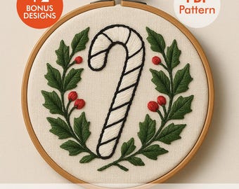 Candy Cane Embroidery Pattern – Christmas Holly Wreath PDF Pattern