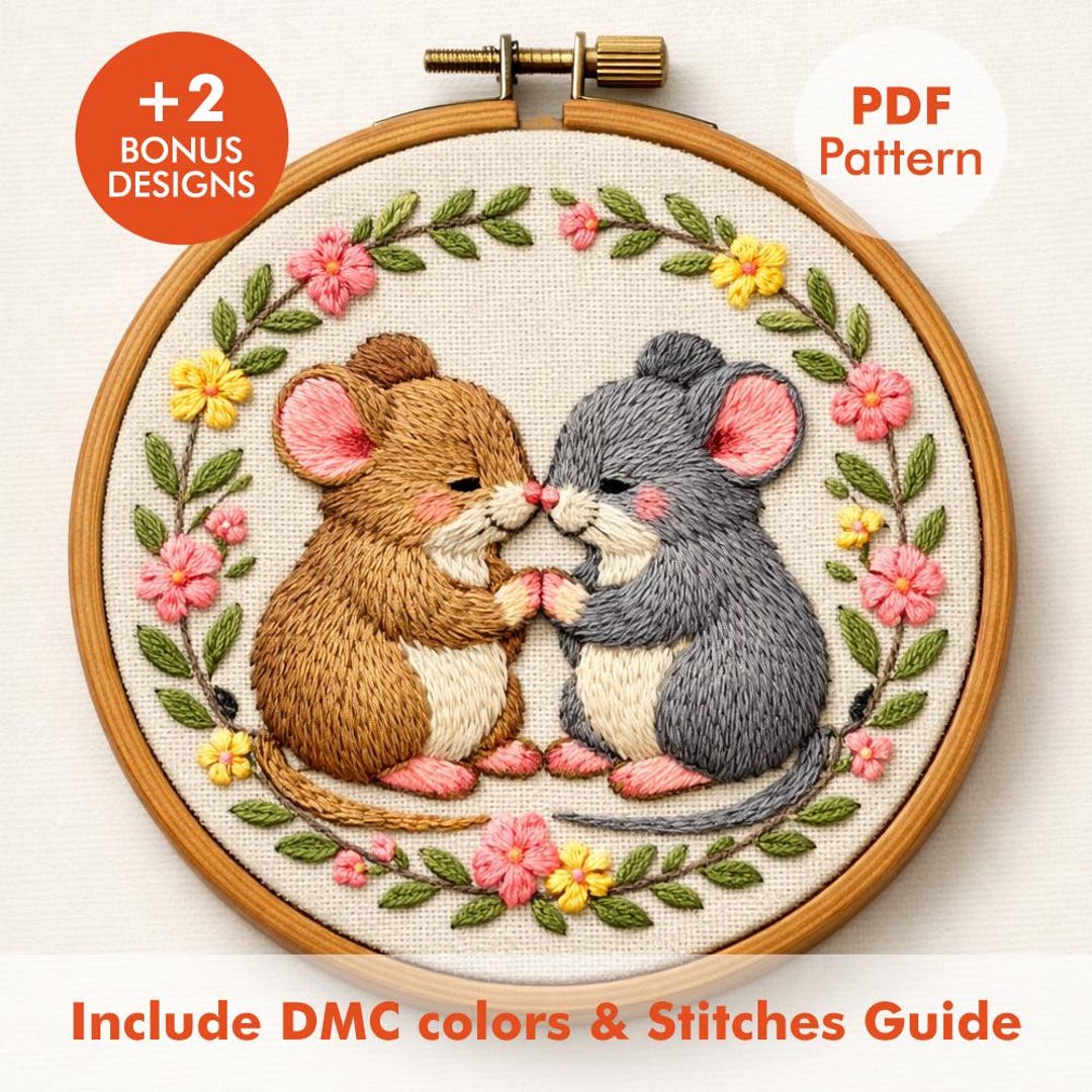 Kissing Mice Embroidery Pattern PDF Mouse Couple Embroidery Design With ...