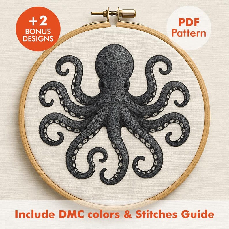 Octopus Thread Octopus Embroidery Pattern PDF, Nautical Ocean Hoop Art With DMC Guide ...