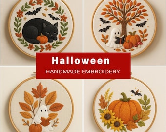Halloween Embroidery Pattern Bundle PDF, Black Cat Ghost Tree Pumpkin Sunflower Autumn Designs