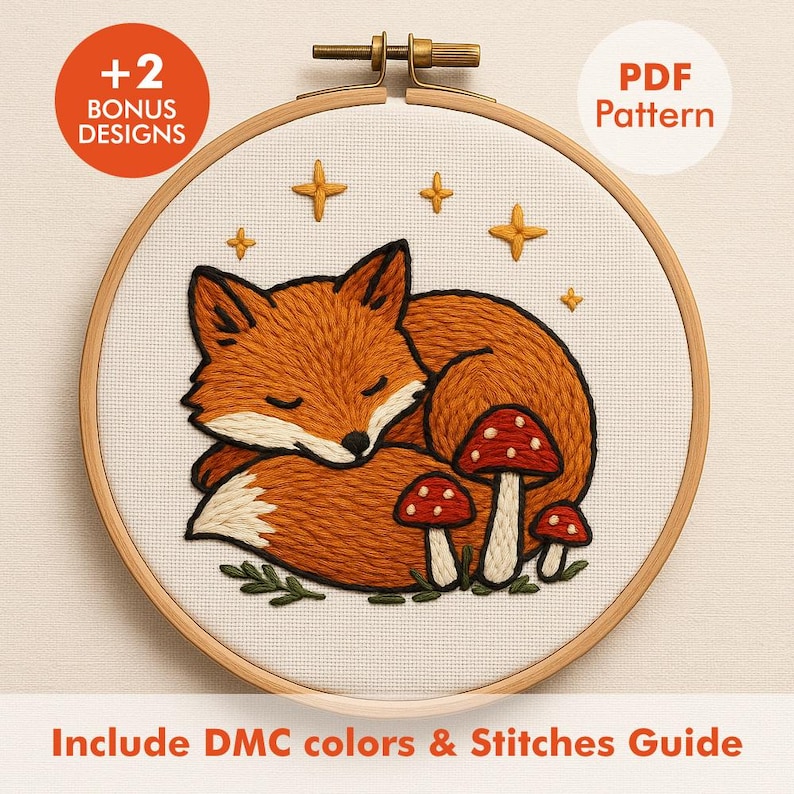 Sleeping Fox Embroidery Pattern PDF • Cute Forest Animal Hoop Art ...