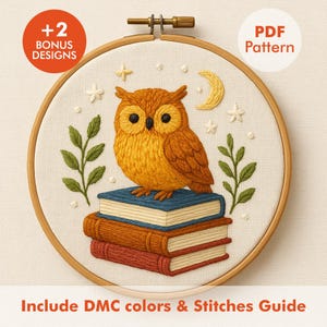 May include: An embroidered owl perched on books, inside a wooden hoop. The owl is orange and yellow, with black eyes. The books are blue, orange, and red. The text "+2 BONUS DESIGNS" and "PDF Pattern" are visible.
