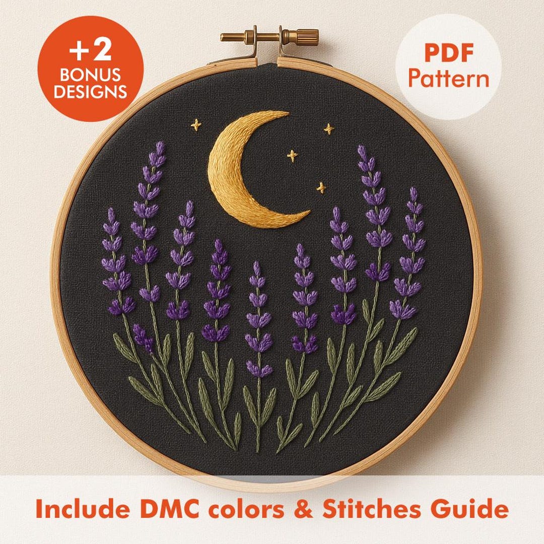 Moon & Lavender Embroidery Pattern PDF – Night Sky Floral Hoop Design ...