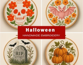 Halloween Embroidery Pattern Bundle PDF, Skull Bat Pumpkin RIP Designs,