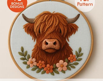 Highland Cow Embroidery Pattern PDF with DMC Colors | Floral Farm Animal Hoop Art