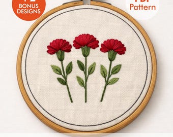 Red Carnation Embroidery Pattern PDF, Simple Flower Hand Embroidery Design