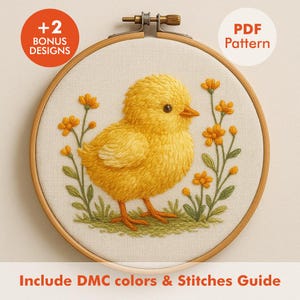 May include: A cross-stitch pattern of a yellow chick with orange flowers and green grass, displayed in a wooden embroidery hoop. The text "PDF Pattern" and "+2 Bonus Designs" are visible. The text "Include DMC colors & Stitches Guide" is also present.