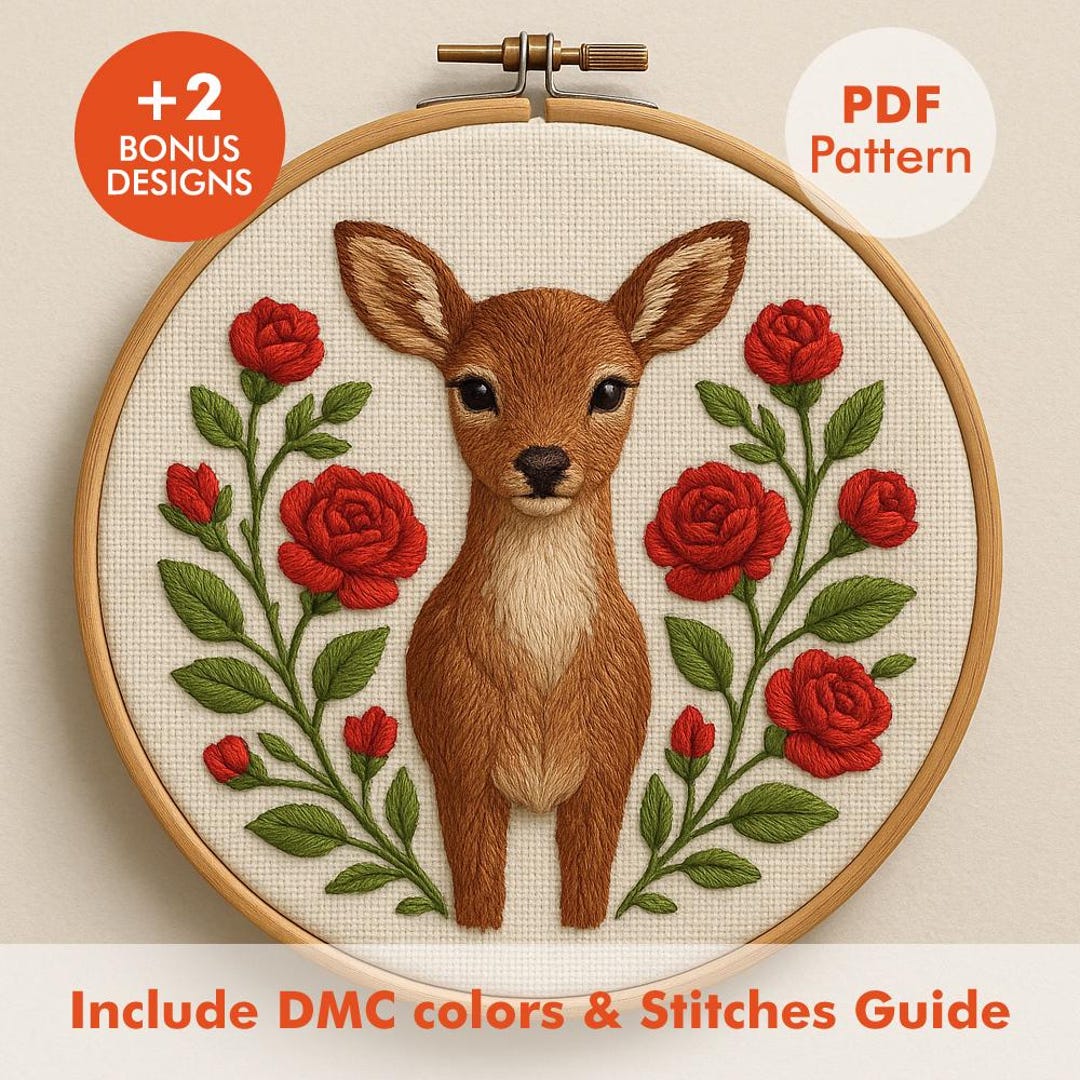 Deer Embroidery Pattern PDF | Floral Fawn Hand Embroidery Design - Etsy