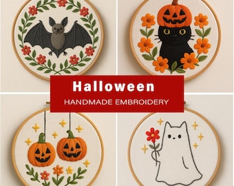 Halloween Embroidery Pattern Bundle PDF, Bat Wreath Black Cat Pumpkin Ghost Floral Designs,
