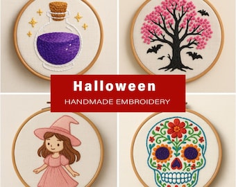 Halloween Embroidery Pattern Bundle PDF, Potion Witch Girl Floral Skull Tree Designs,