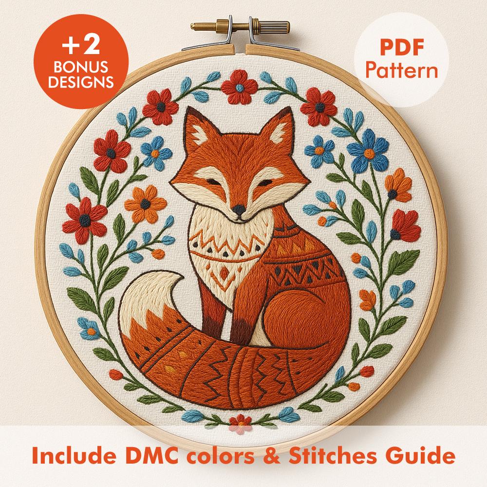 Fox Embroidery Pattern PDF With DMC Colors | Floral Woodland Hoop Art ...