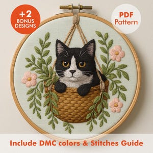 Hanging Basket Cat Embroidery Pattern PDF with DMC Guide, Floral Cat Hoop Art,