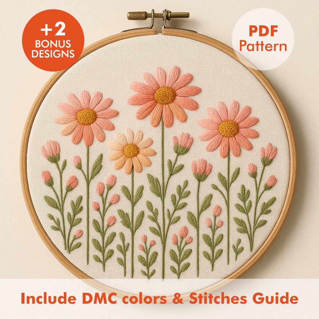 Pink Daisy Flower Embroidery Pattern – Modern Floral Hand Embroidery ...