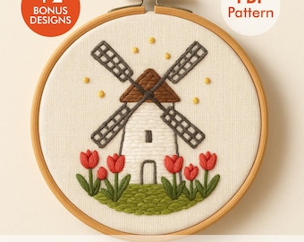 Windmill Embroidery Pattern PDF | Dutch Tulip Farm Hoop Design