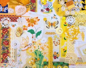 Vintage Sewing Inspiration Kit / Slow Stitch Package / 100+ Craft Bundle / Main Color Yellow