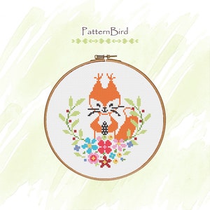 Squirrel in Frame of Flower Wreath. Instant Download Modern PDF Cross Stitch Pattern