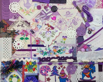 Vintage Sewing Inspiration Kit / Slow Stitch Package / 80+ Craft Bundle / Main Color Purple