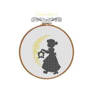 Silhouet van klein meisje met lantaarn. Direct downloaden PDF-kruissteekpatroon