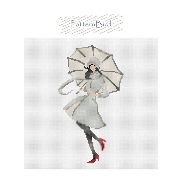 Girl with Umbrella II. Instant Download PDF Cross Stitch Pattern