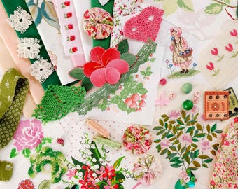 Vintage Näh-Inspirations-Kit • Slow Stitch Paket • 80+ Bastelpaket in Rosa und Grün