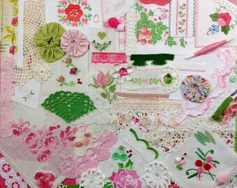 Vintage Sewing Inspiration Kit / Slow Stitch Package / 100+ Craft Bundle / Main Color Pink and Green