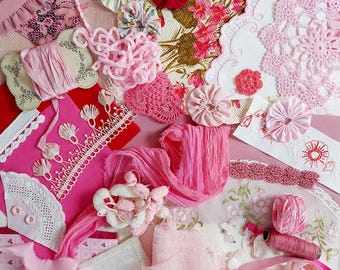 Vintage Näh-Inspirations-Kit • Slow Stitch Paket • 90+ Bastelpaket in Rosa