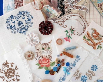 Vintage Näh-Inspirations-Kit • Slow Stitch Paket • 50+ Bastelpaket in Braun und Blau