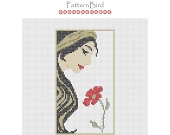 Girl and poppy. Instant Download PDF Cross Stitch Pattern