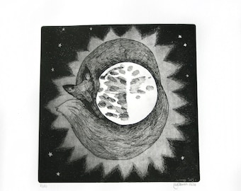 Fox and Moon original print Photo etching with aquatint black and white