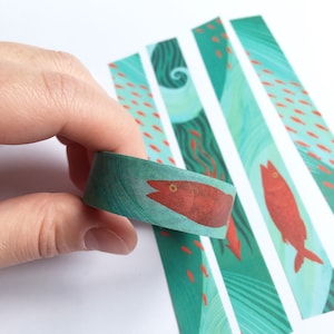 Underwater waves washi tape, red fish, squid