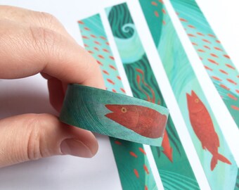 Underwater waves washi tape, red fish, squid