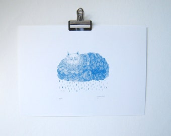 Grumpy Rainy Cat Cloud in Blue Screen Print - Etsy