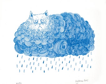 Grumpy Rainy Cat Cloud in blue screen print