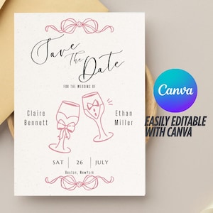 Modèle de carte Save the Date de mariage - Coupe de champagne - Nœud papillon rose - Modèle de toile modifiable - Téléchargement immédiat
