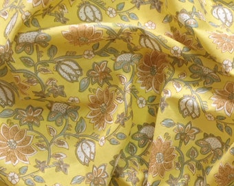 Yellow cotton fabric, Indian, floral block printed, scrapbook, Jaipur cotton, cotton by the yard, hand print, dress making- 1 yard - ctjp311