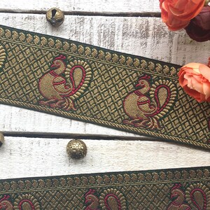 Indian Sari Trim, Jaquard Border, Boho Saree Trim, Green Woven Fabric Lace, Dupatta Border, Gold India Zari Trim, Craft Ribbon- lace578