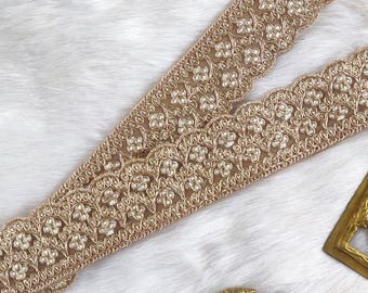 golden trim, Indian lace, sari border, embroidered border, India, white and gold thread work, decorative, floral pattern, craft - lace1093