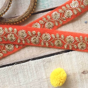 gold floral pattern, orange lace, embroidered trim, indian lace, sari borders, craft lace, home decor, indian ribbon, floral laces - Lace438