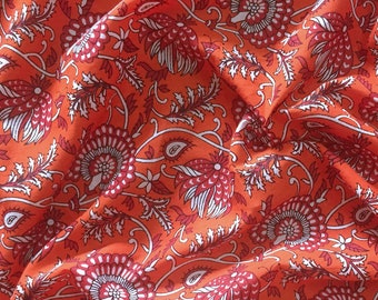 Indian Print Cotton Fabric - Hand Block Print Fabric - Sewing Fabric - Fabric For Quilting - Orange Floral Pattern - 1 Yard - ctjp275