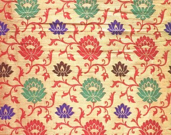 tela india, brocado rojo y dorado, patrón floral multicolor, decoración del hogar, tela de brocado, tela floral - Media yarda y 1 yarda - br178