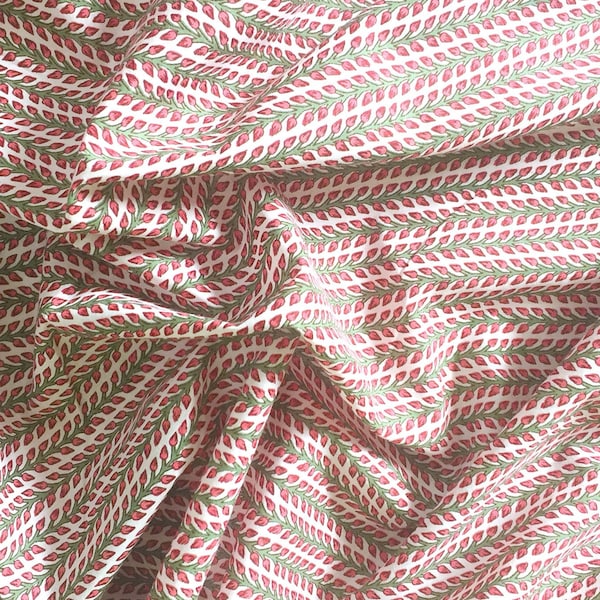 Tessuto di cotone stampato a mano - Tessuto stampato a blocchi indiani - Strisce di stampa floreale - Tessuto tagliato su misura - Rosa e verde - 1 metro - ctjp265